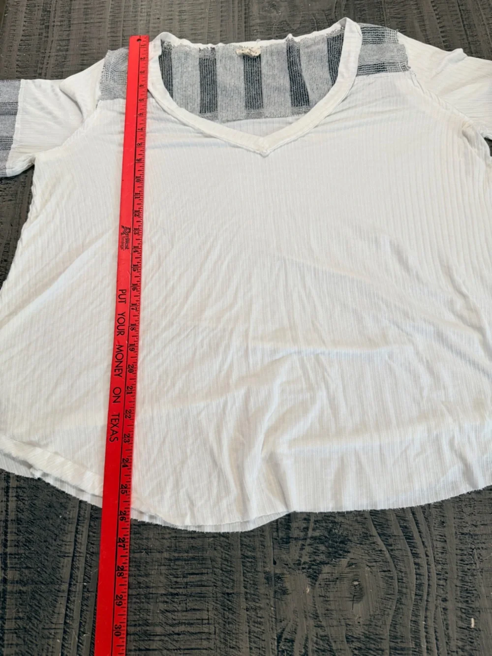 POL White V-Neck Short 3/4 Sleeve Tee with Gray Striped Accents - Picture 7 of 10